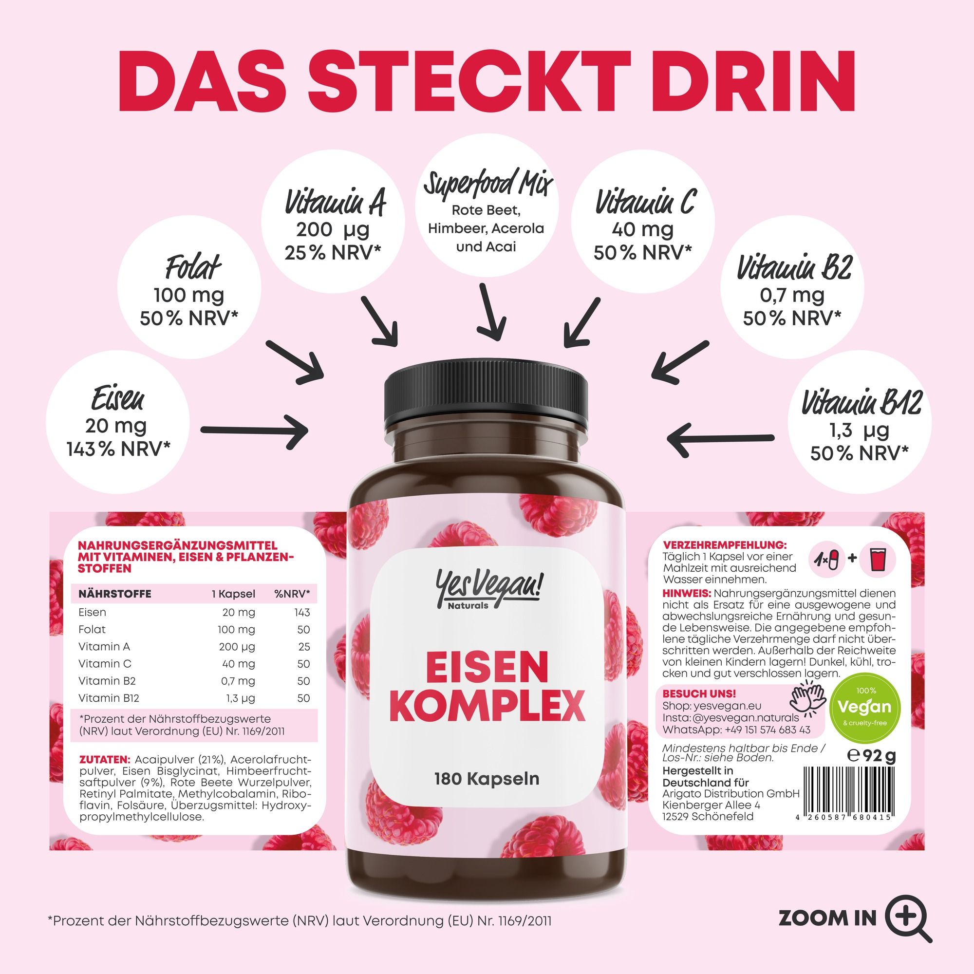 Flasche mit 180 Kapseln Yes Vegan Eisen Komplex, umgeben von Himbeeren.