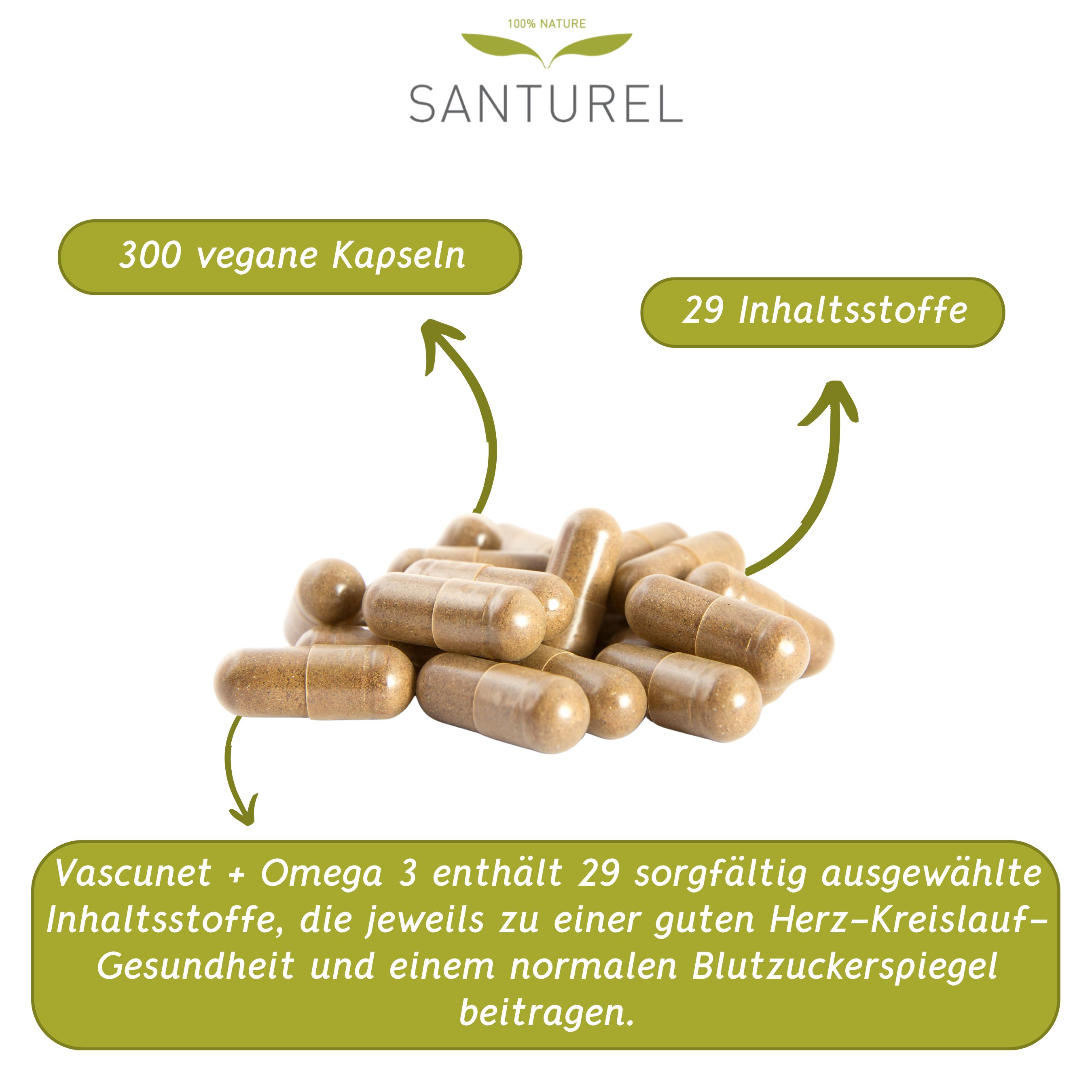 Haufen brauner Kapseln. 300 vegane Kapseln, 29 Inhaltsstoffe. Text: VascuNET + Omega 3 mit 29 Inhaltsstoffen.