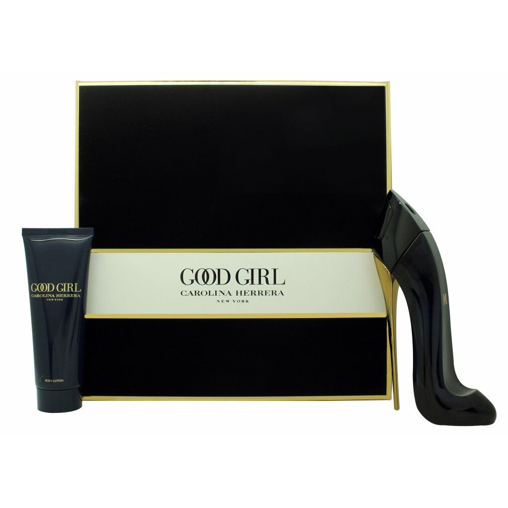 Geschenkset mit schwarzem Schuh-Parfümflakon, Bodylotion und Box mit Goldrand. Schriftzug: GOOD GIRL.