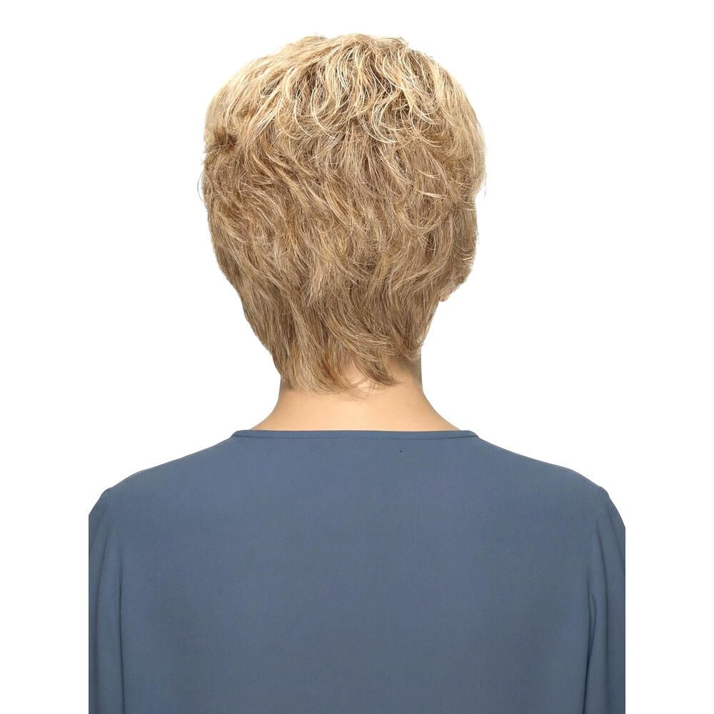 Kurzhaarperücke, blond, Rückansicht. Die Perücke hat einen natürlichen Look.