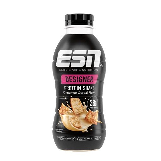 ESN Designer Protein Shake, schwarze Flasche mit weißem Etikett. Text: Designer Protein Shake, Zimt-Cereal-Geschmack, 38g Protein.