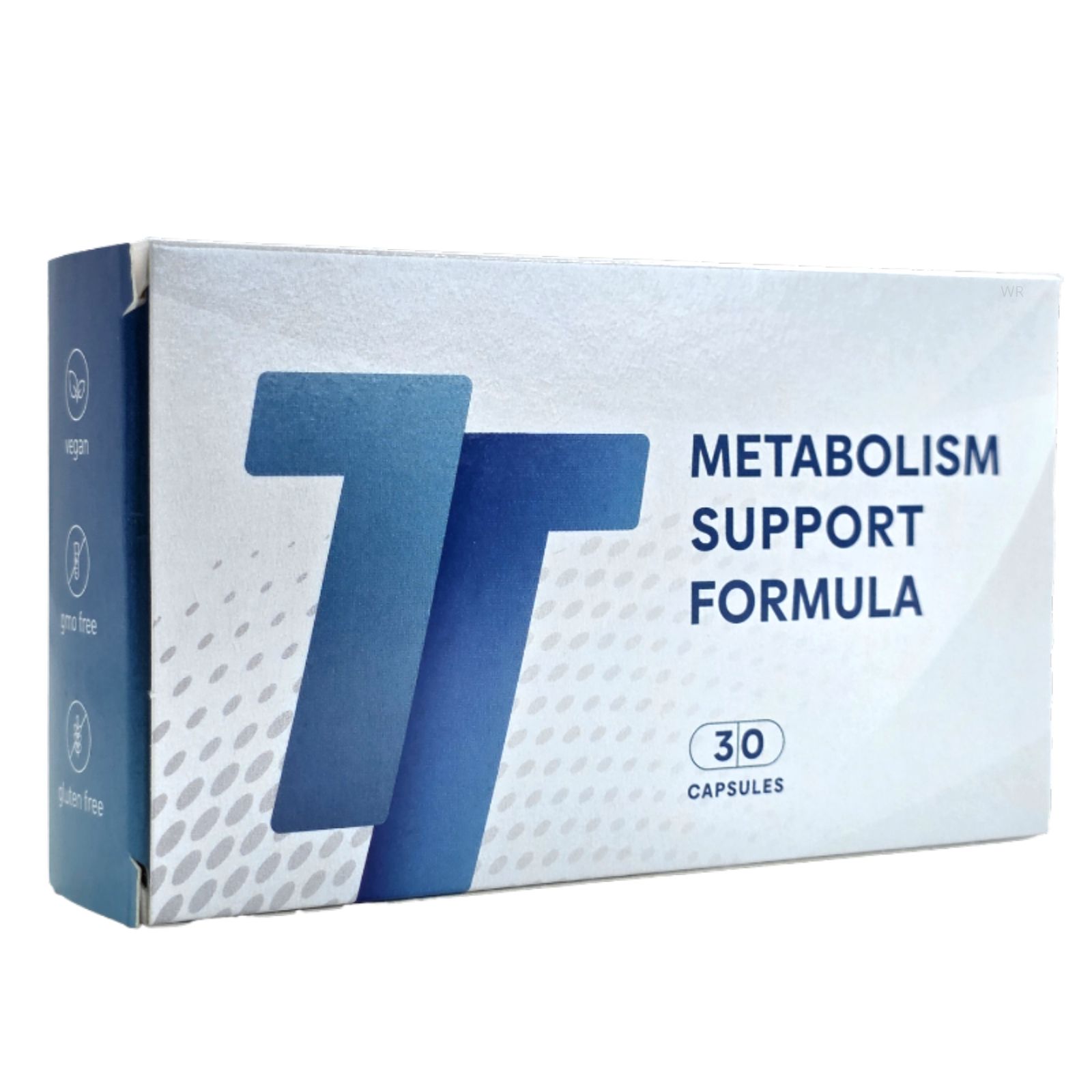 Schachtel "METABOLISM SUPPORT FORMULA" mit 30 Kapseln. Blaues Logo "TT". Vegan, glutenfrei, ohne Gentechnik.