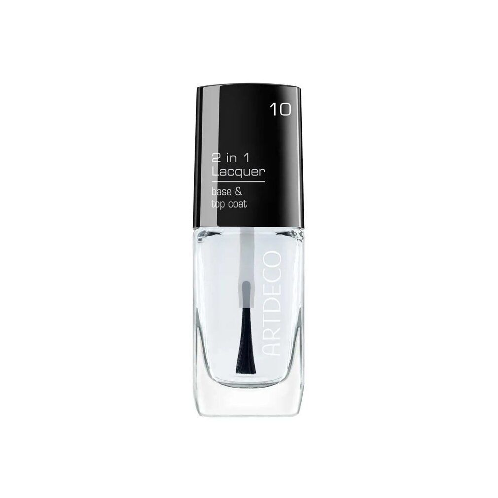 Klare Nagellackflasche mit schwarzem Deckel. Aufschrift: 2 in 1 Lacquer, base & top coat. Marke: Artdeco. Nummer 10.