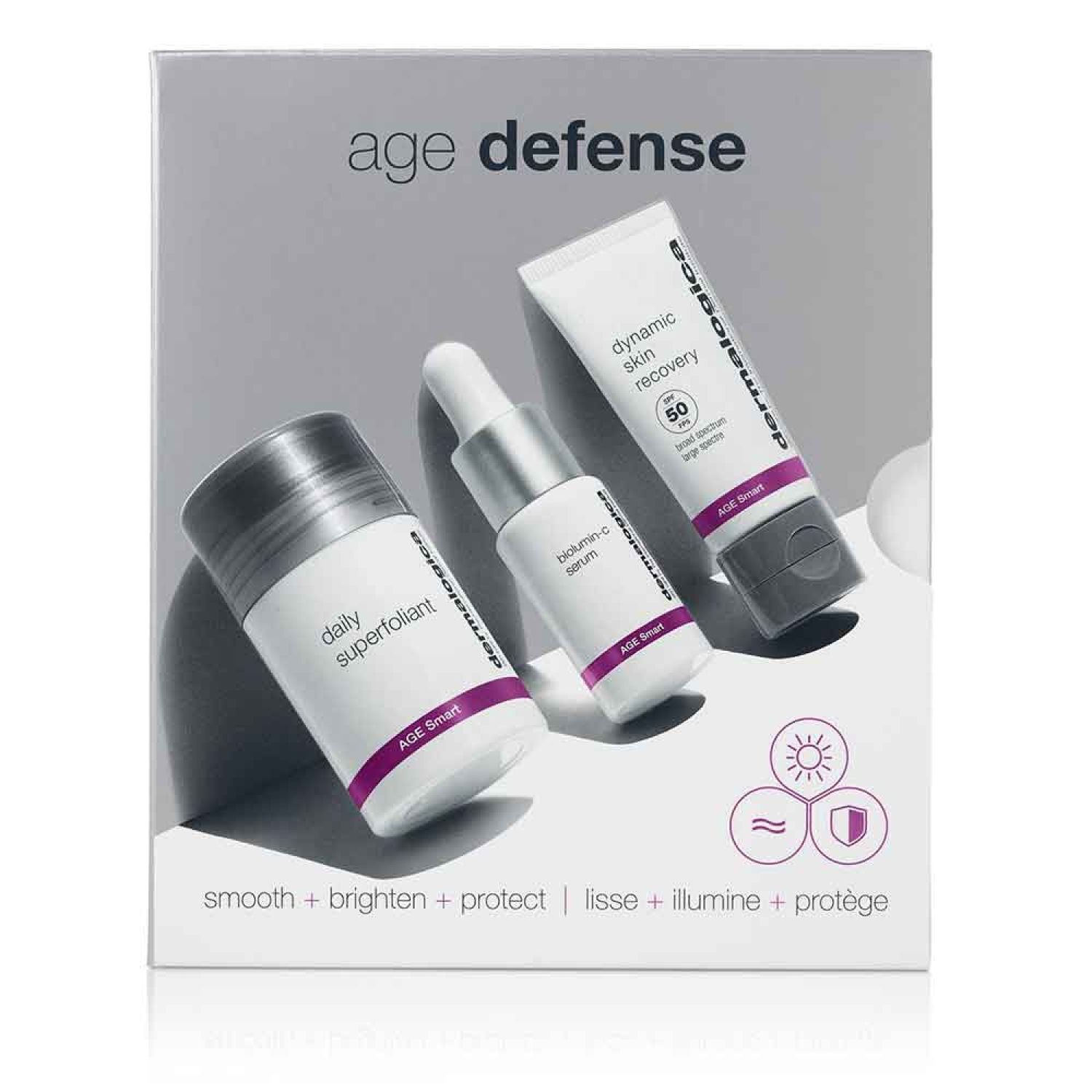 Dermalogica AGE smart® Defense Kit. Drei Produkte in einer Box. Enthält Daily Superfoliant, Vitamin C Serum und Dynamic Skin Recovery.