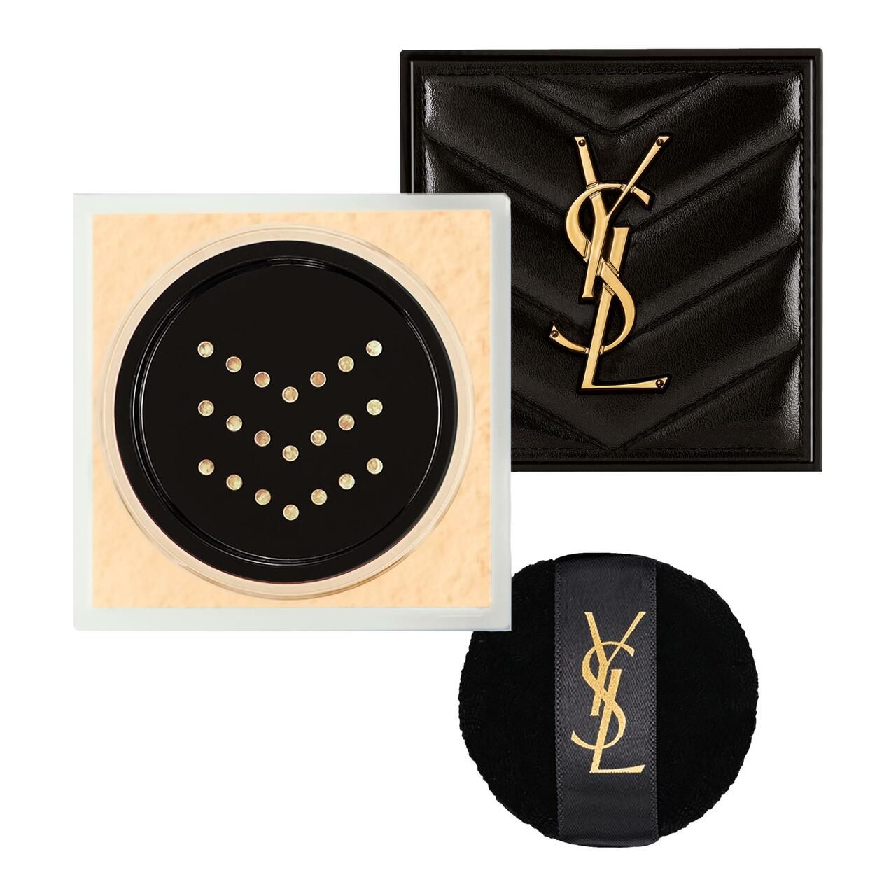Puder mit Sieb und schwarzem Deckel. Schwarzer Deckel mit YSL-Logo. Schwarzes Puderquaste mit YSL-Logo.