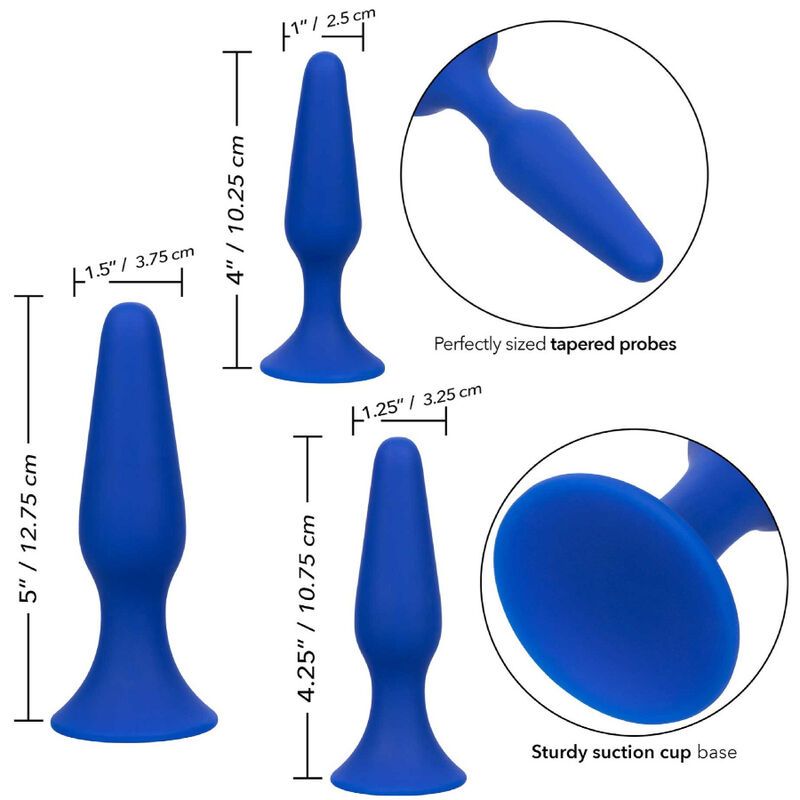 Drei blaue Analplugs aus Silikon in verschiedenen Größen. Maße sind angegeben.