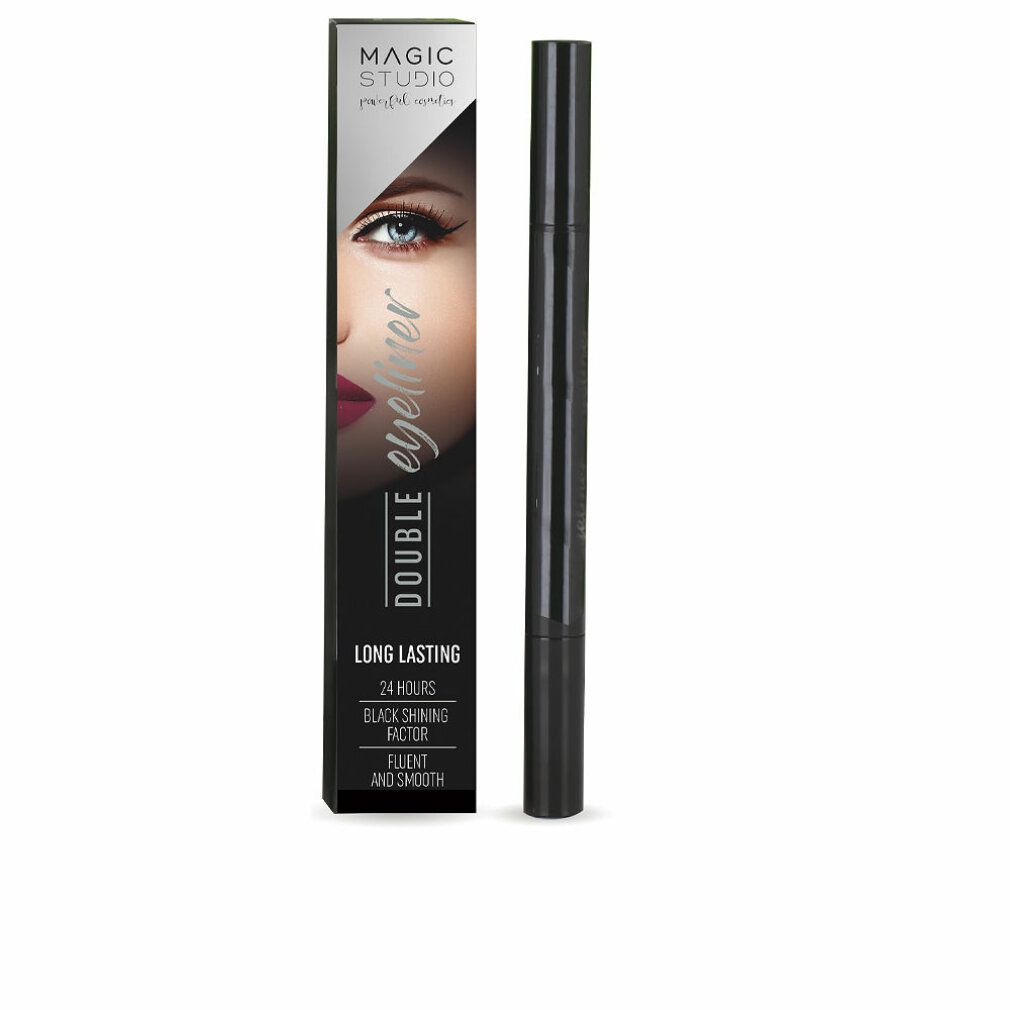 Doppel-Eyeliner und Verpackung. Schwarzer Eyeliner-Stift mit zwei Spitzen. Verpackung mit Produktname und Model-Gesicht.