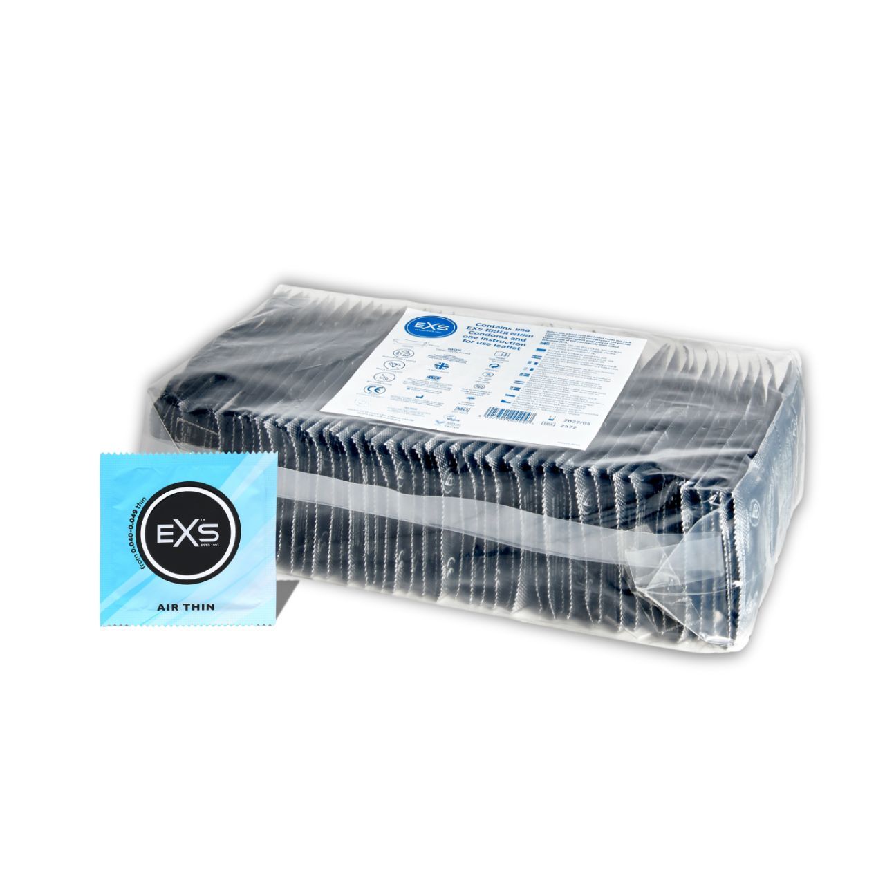 Eine Großpackung mit vielen einzelnen EXS Air Thin Kondomen in Schutzverpackungen.