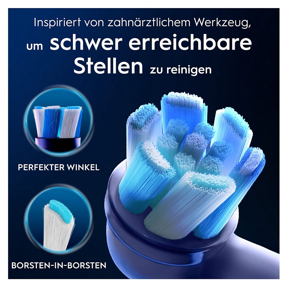 Bürstenkopf inspiriert von zahnärztlichem Werkzeug für schwer erreichbare Stellen.