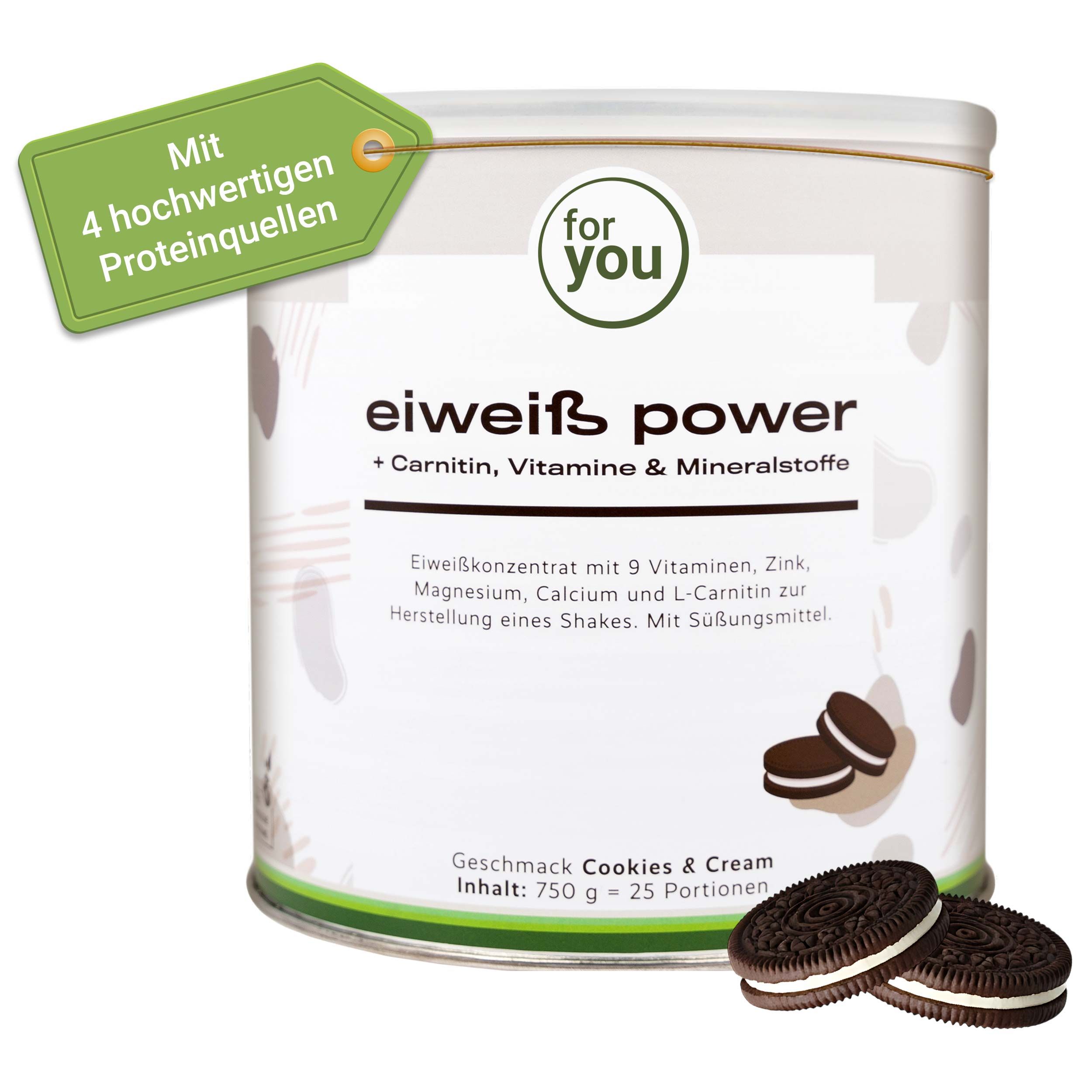 Dose Eiweiß Power, Cookies & Cream. Text: + Carnitin, Vitamine & Mineralstoffe. Geschmack Cookies & Cream. Inhalt: 750 g - 25 Portionen. 4 Proteinquellen.