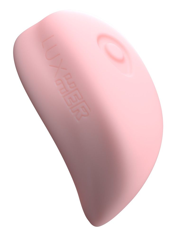 Rosa Stimulator mit abgerundeter Form. Aufschrift: LUXHER. Oben ist ein rundes Bedienelement zu sehen.