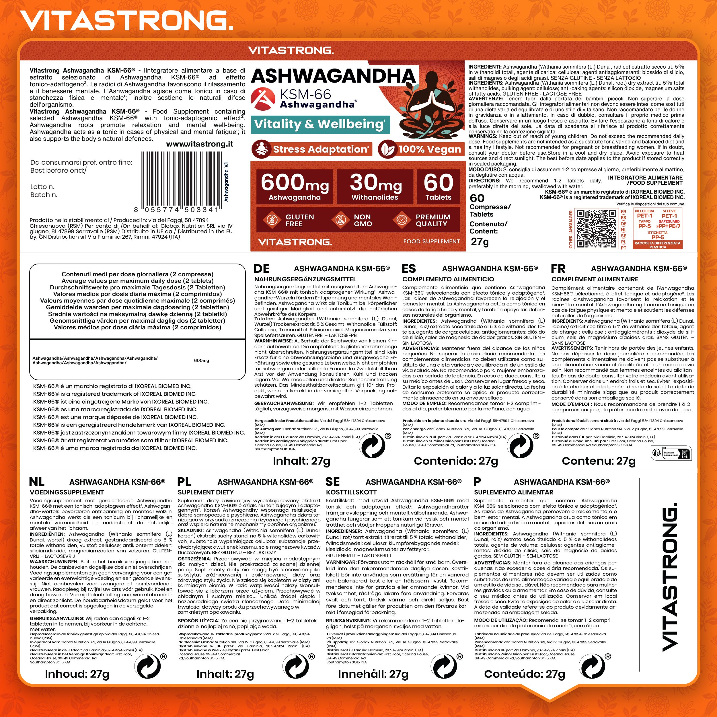Vitastrong Ashwagandha KSM-66 Nahrungsergänzungsmittel-Verpackung mit Dosierungsangaben und Inhaltsstoffen.