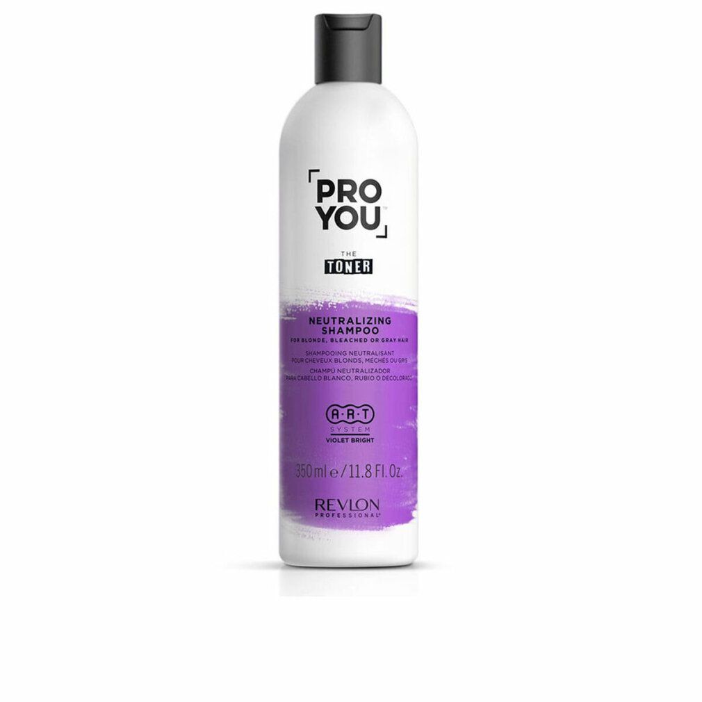 Flasche mit schwarzem Deckel. Aufschrift: PRO YOU, Toner, Neutralizing Shampoo. Violette Farbfläche. Marke: Revlon Professional.