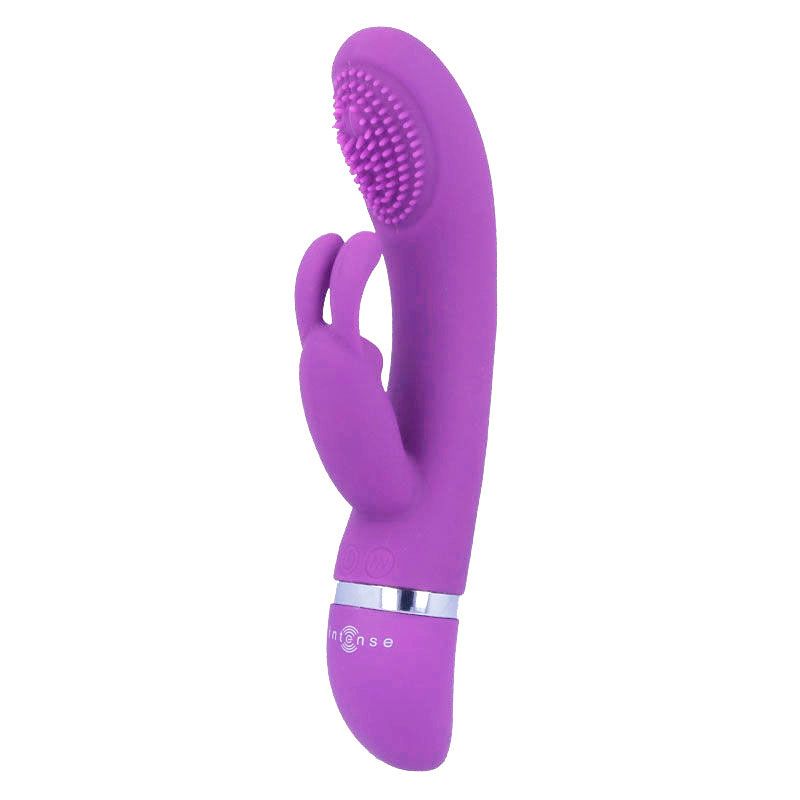 Lila Vibrator mit Kaninchenohren-Design. Geriffelte Spitze, silberner Ring am Griff.
