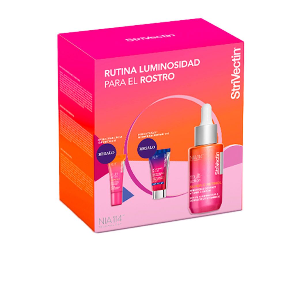 Geschenkset mit Serum und Cremes. Rosa-orangefarbene Verpackung mit Produktabbildungen und Text. Marke: StriVectin.