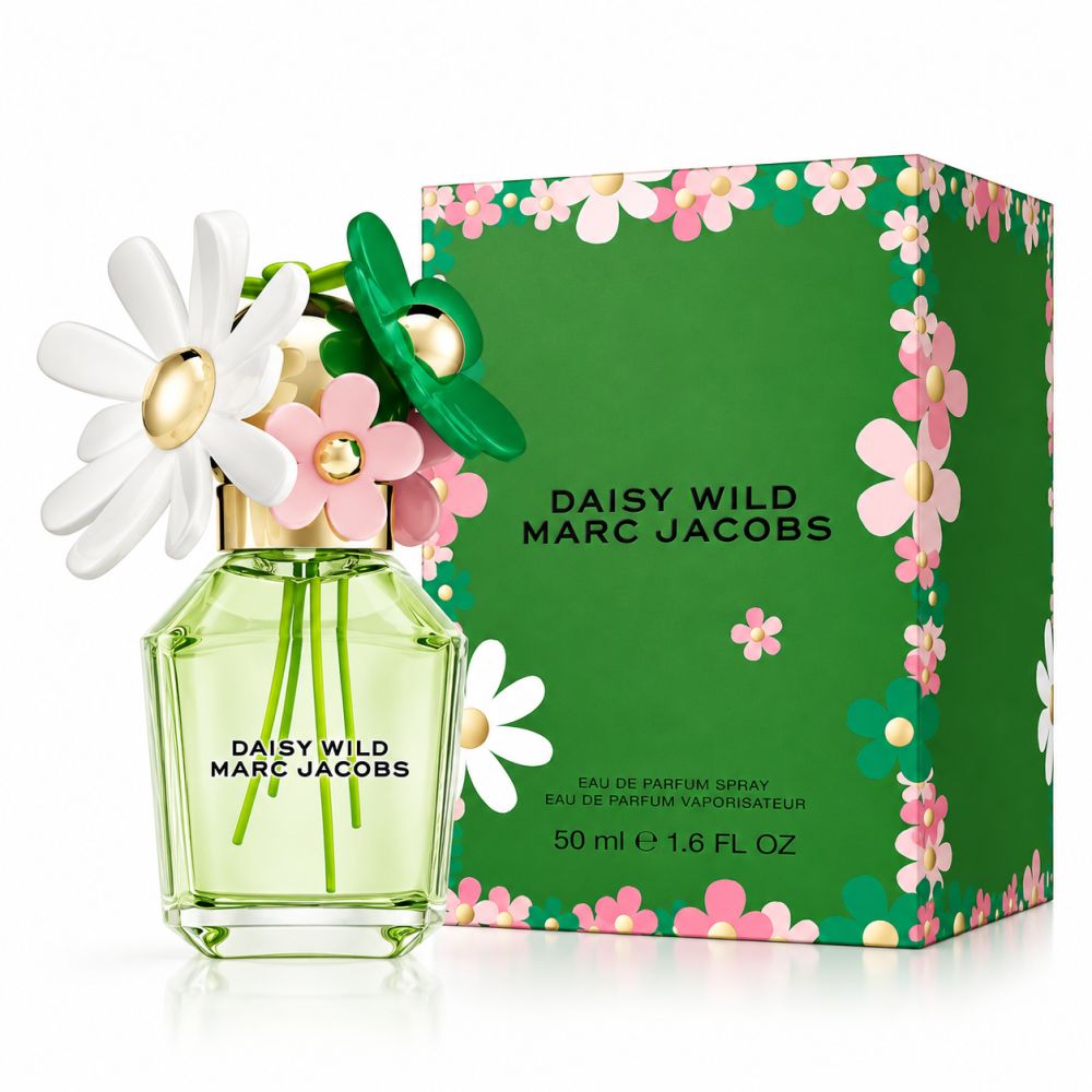 Daisy Wild Eau de Parfum Flakon mit Blumenaufsatz und grüner Verpackung mit Blumenmuster.