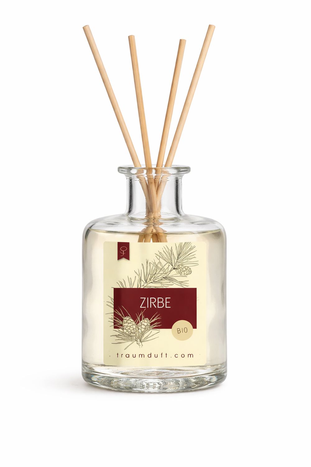 Glasflakon mit Holzstäben. Etikett mit Zirbe-Aufdruck und BIO-Siegel. Produktname und Website-Adresse sind sichtbar.