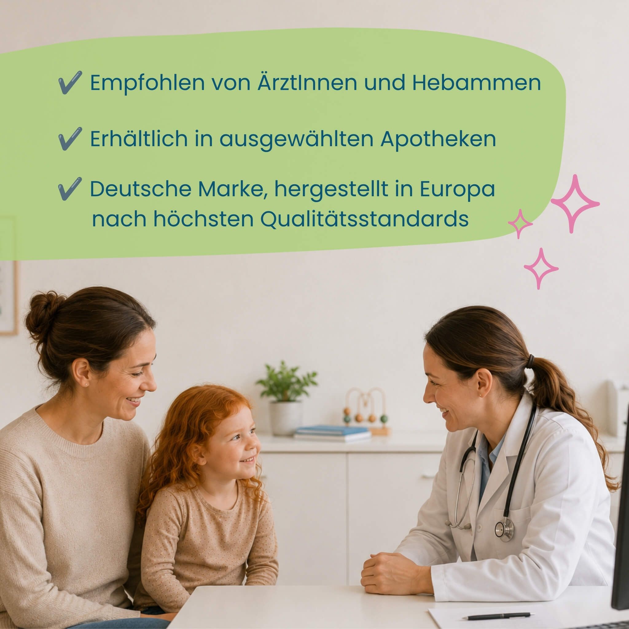 Ärztin spricht mit Mutter und Kind über Kinder-Appetit-Saft, mit Empfehlungen.
