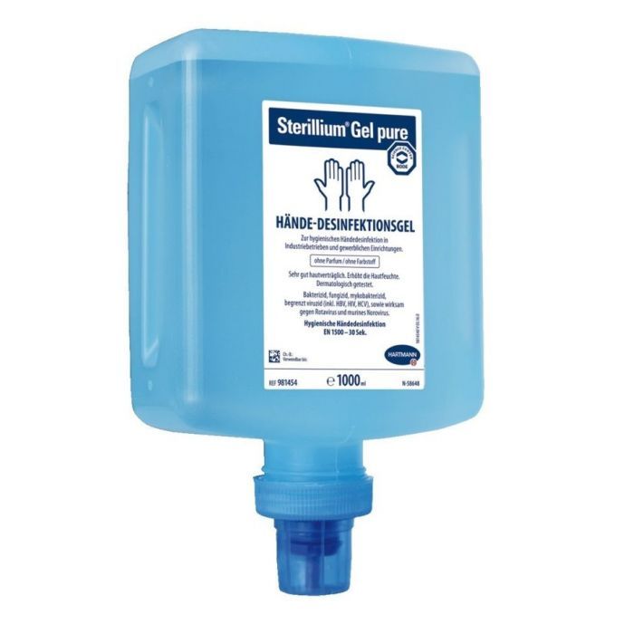 Hartmann Sterillium Gel pure Händedesinfektionsgel in einem blauen Kunststoffbehälter mit Spender.