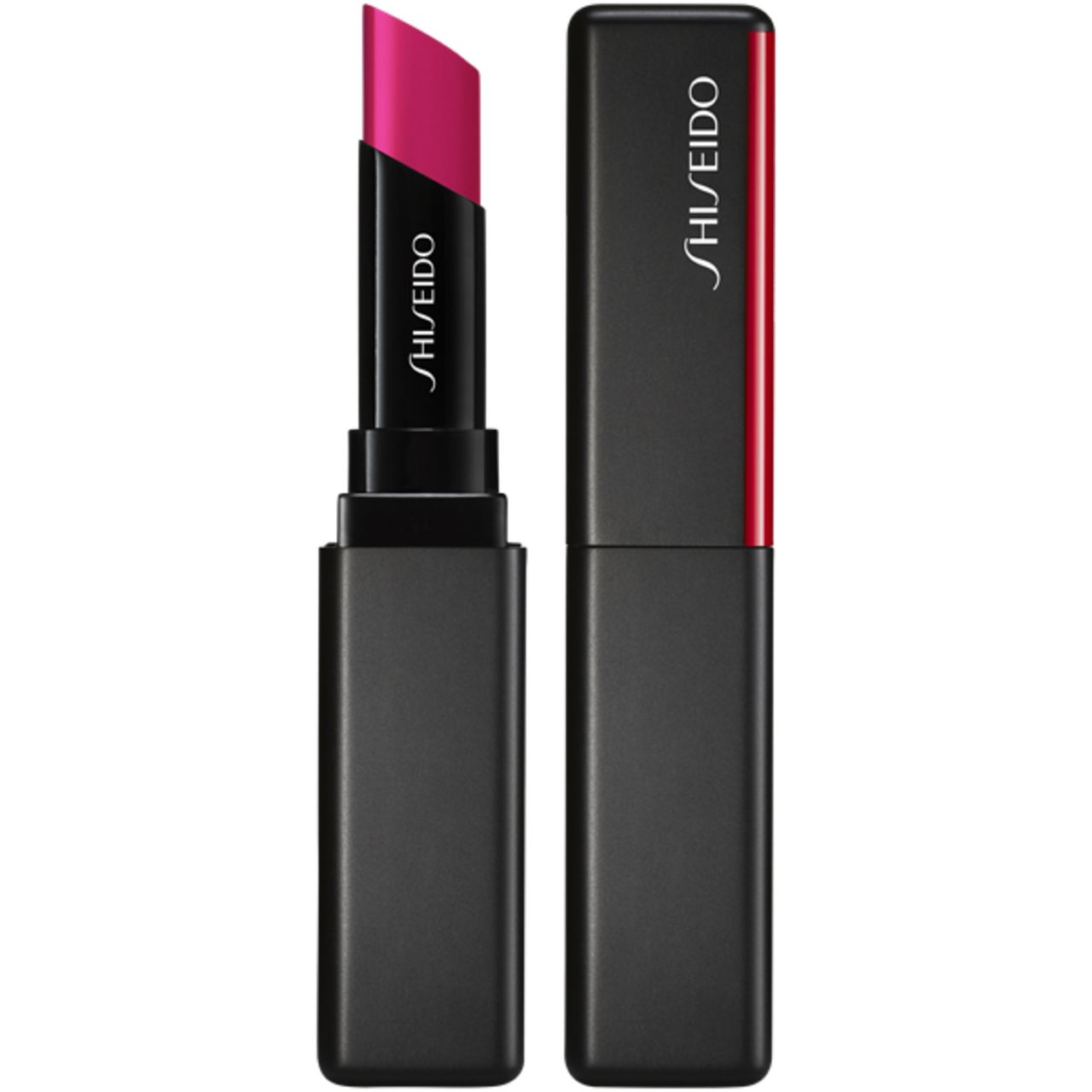 Pinkfarbener Lippenstift. Schwarze, rechteckige Hülle mit rotem Akzent und Shiseido-Logo. Geöffnet und geschlossen.