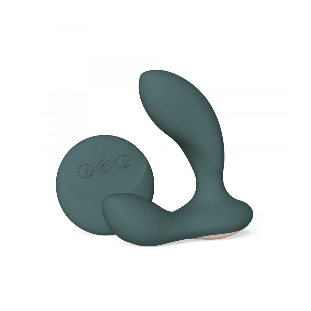 Grüner Vibrator und Fernbedienung. Runde Fernbedienung mit Symbolen. Gebogene Form.