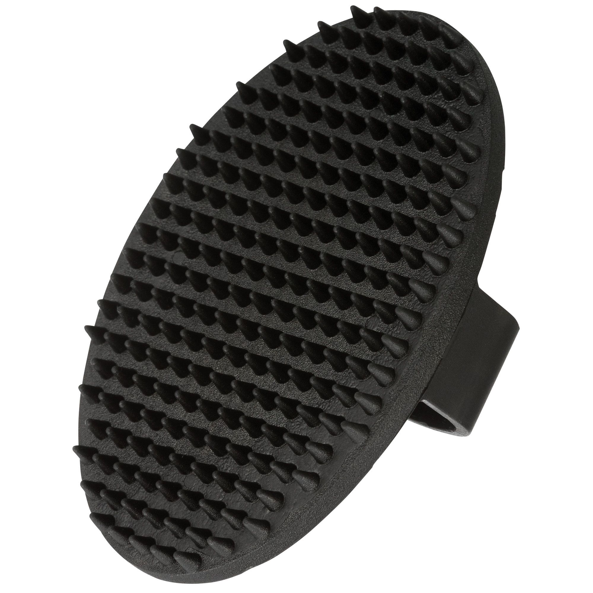 Schwarze Bürste mit Noppen und Handschlaufe. Ovale Form, mit vielen kleinen Noppen. Handschlaufe aus Kunststoff.