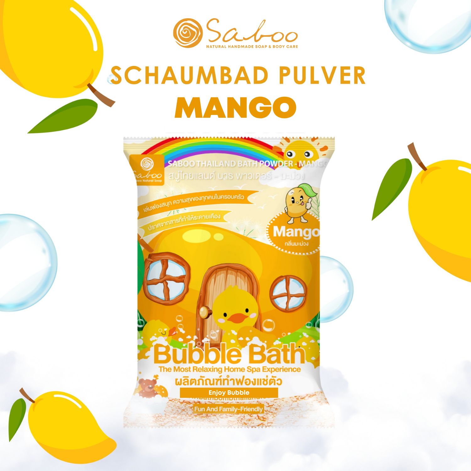 SABOO Schaumbad Pulver Mango. Gelbe Verpackung mit Mango-Motiven. Produktname und Logo sichtbar.