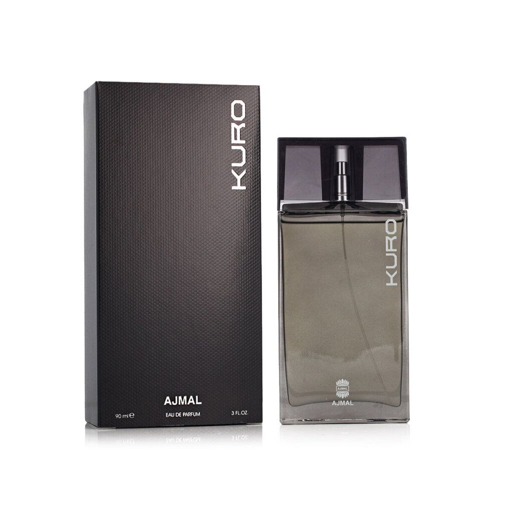 Schwarze Verpackung und Flakon. Aufschrift "KURO" und "AJMAL". Flakon mit Sprühkopf. 3 FL.OZ.
