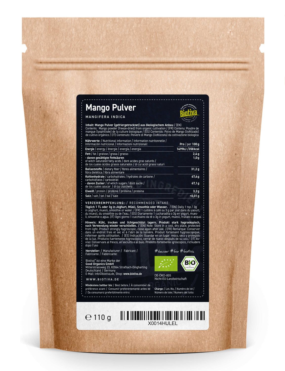 Biotiva Mango Pulver gefriergetrocknet Bio 110 g