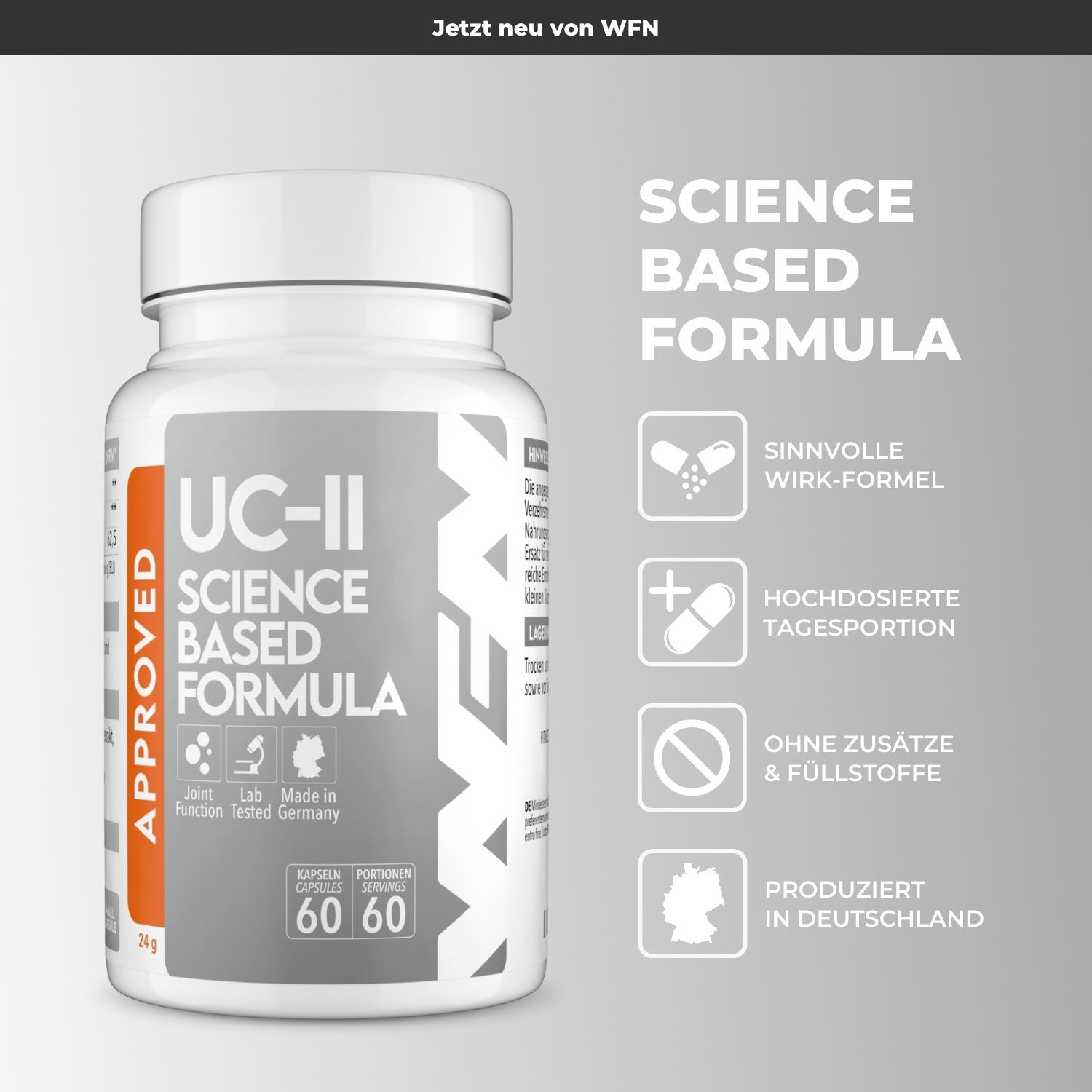 Weiße Kapsel-Dose mit grauen und orangenen Etikett. Aufschrift: UC-II SCIENCE BASED FORMULA. 60 Kapseln. Text und Icons.