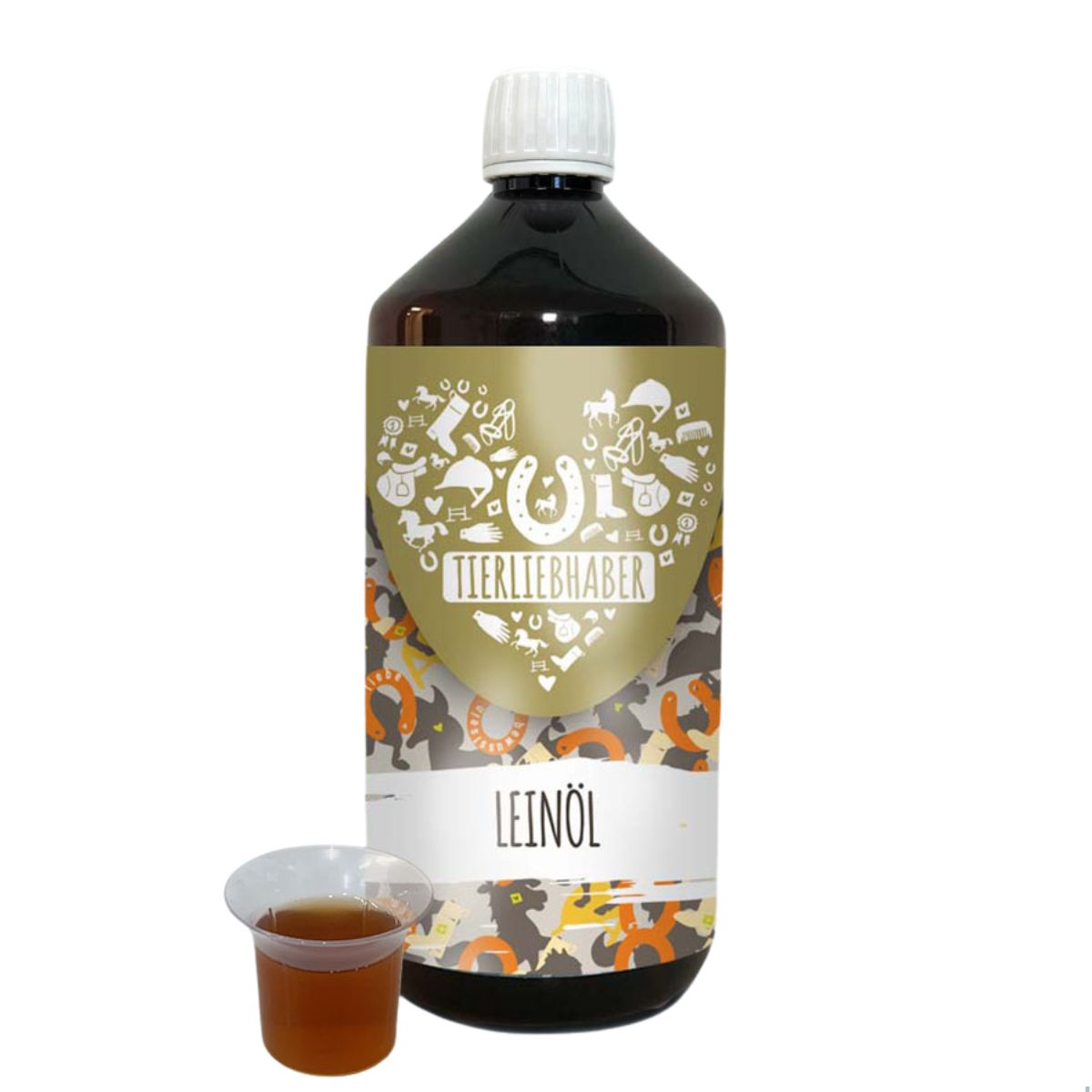 Braune Flasche mit weißem Deckel und Etikett. Ein Messbecher mit Flüssigkeit steht davor. Auf dem Etikett steht "Tierliebhaber Leinöl".