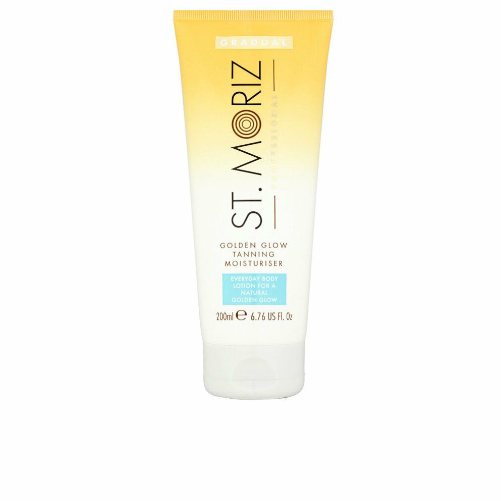 Tube mit St. Moriz Golden Glow Tanning Moisturiser. Gelb-weiße Farbverlauf, Produktname und Details. 200ml.