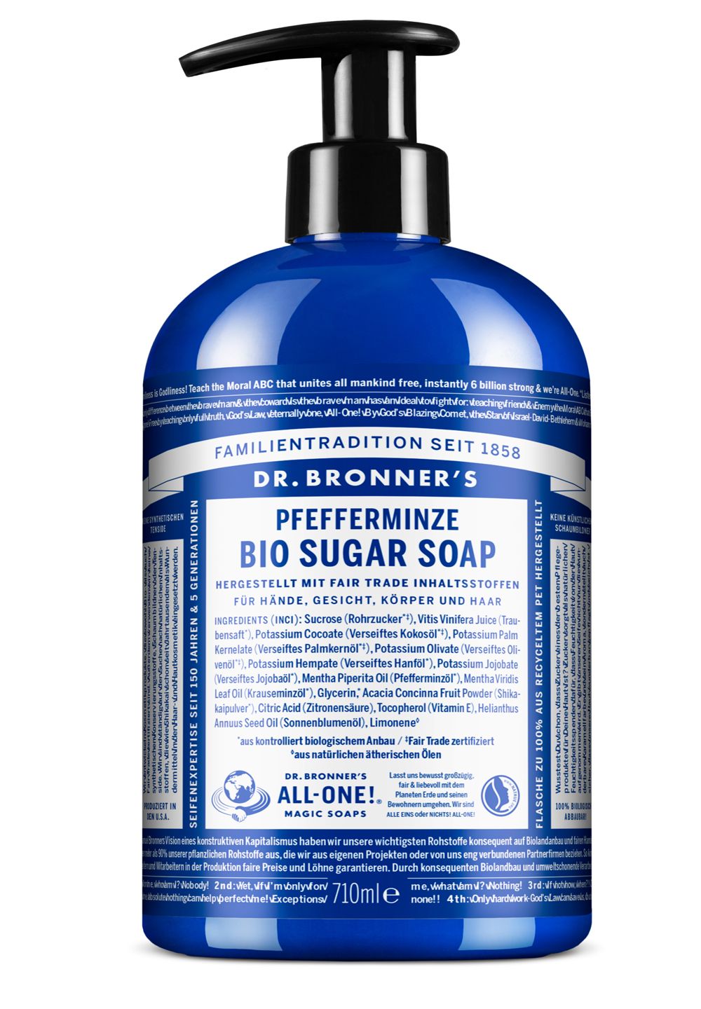 Blaue Flasche mit schwarzem Pumpkopf. Beschriftung: Dr. Bronner's Pfefferminze Bio Sugar Soap. 710ml.