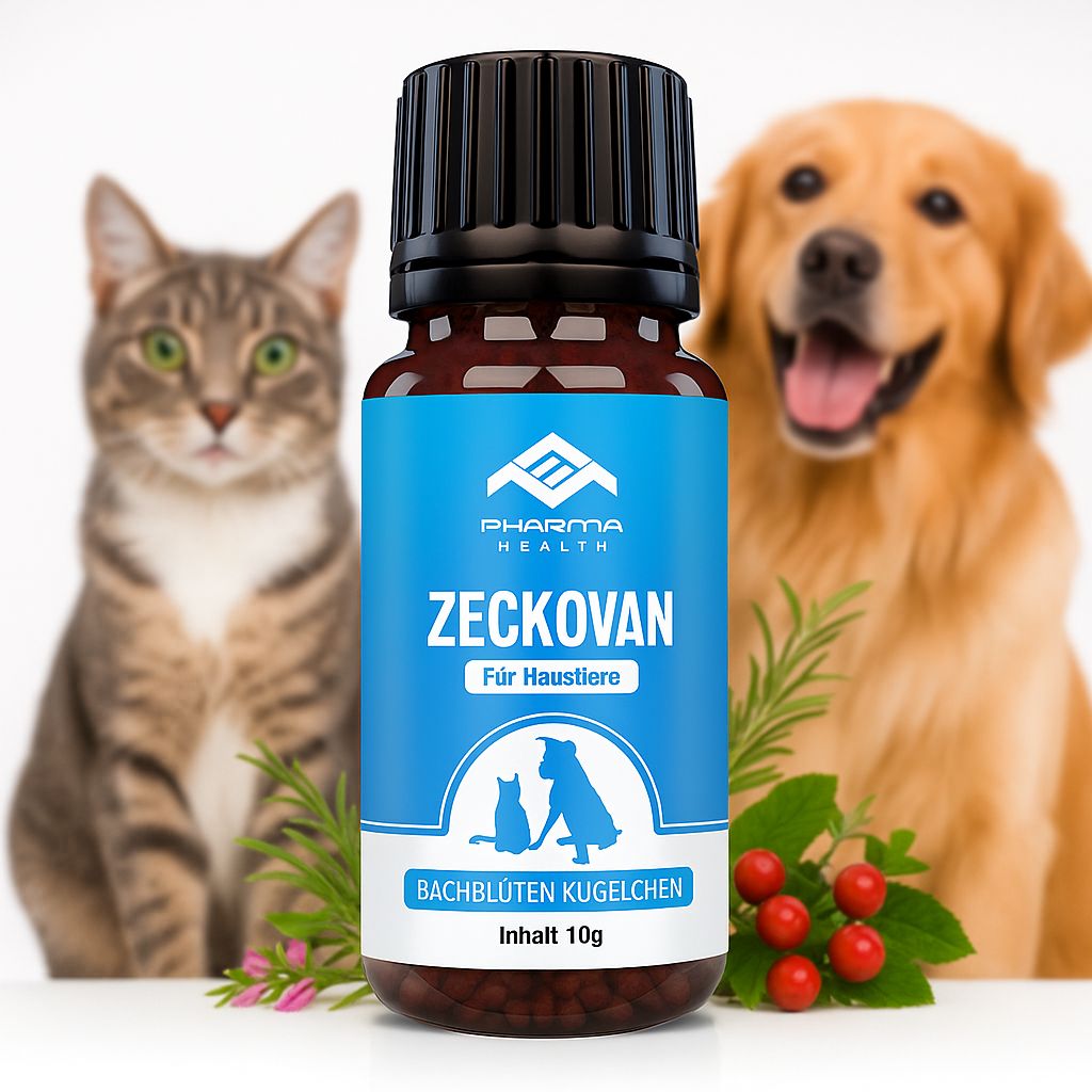 Braune Glasflasche mit schwarzem Deckel. Blaues Etikett mit Logo, Produktname Zeckovan, und Text "Für Haustiere". Katze und Hund im Hintergrund.
