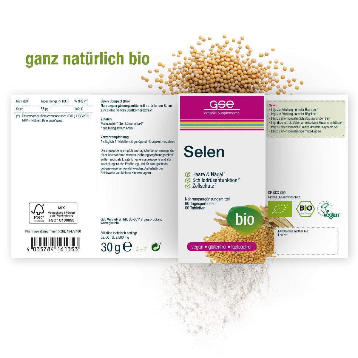 Geöffnete Verpackung mit "Selen"-Schachtel. "GSE organic supplements" und "bio" sind sichtbar. 60 Tabletten, vegan, glutenfrei, laktosefrei. Körner.