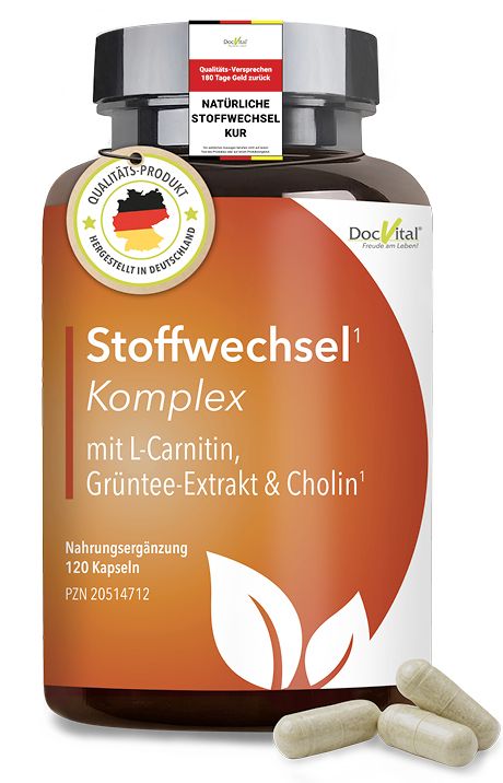 Braune Flasche mit Kapseln. Aufschrift: Stoffwechsel Komplex mit L-Carnitin, Grüntee-Extrakt & Cholin. 120 Kapseln.