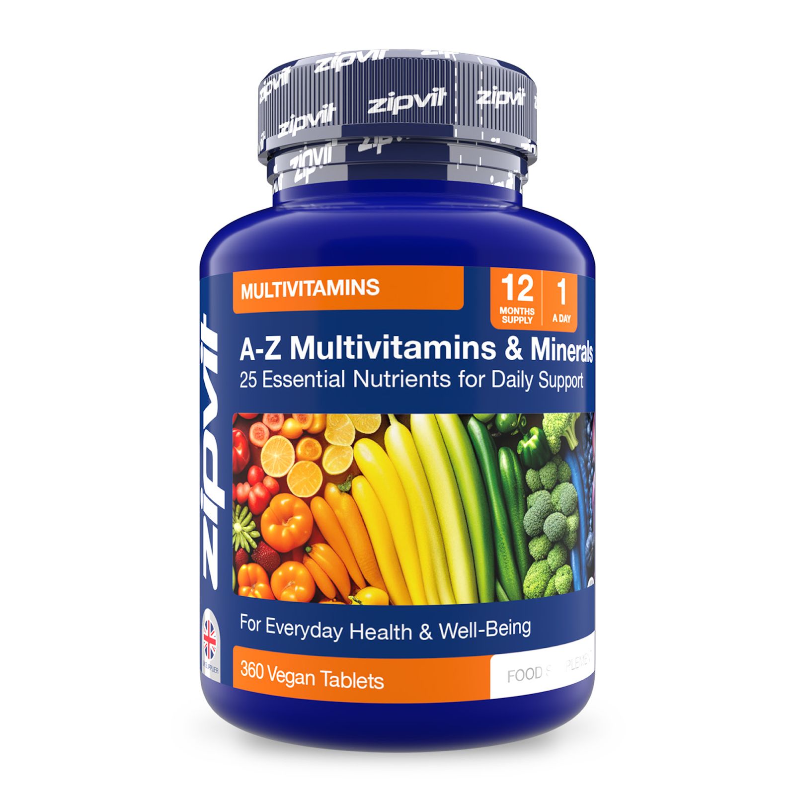 Blaue Flasche Zipvit A-Z Multivitamin. Text: A-Z Multivitamins & Minerals, 25 Essential Nutrients for Daily Support, 360 Vegan Tablets.