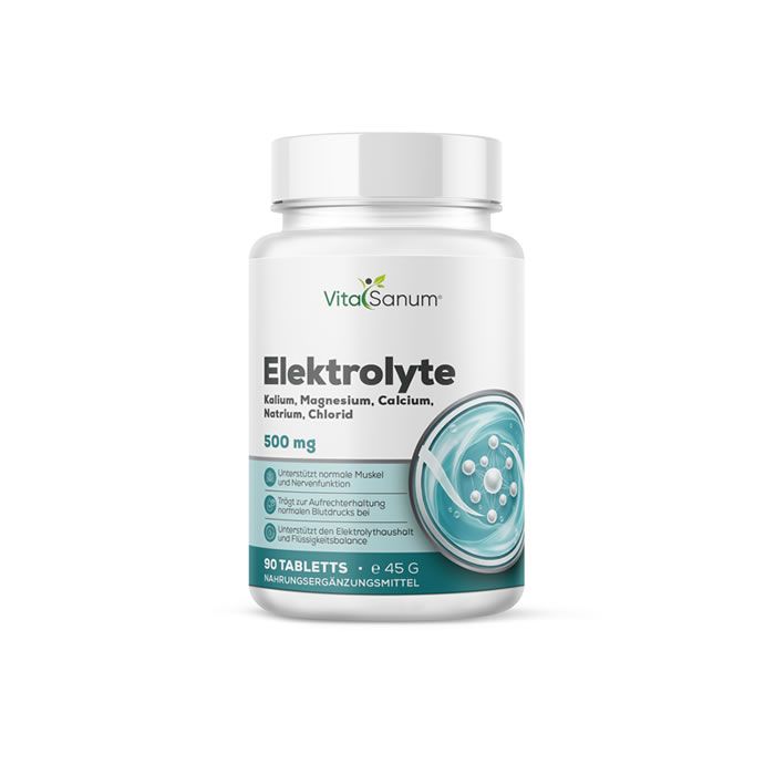 VitaSanum Elektrolyte-Tabletten in weißer Flasche. Beschriftung: Elektrolyte, 500 mg, 90 Tabletten. Grün-weiße Produktgrafik.