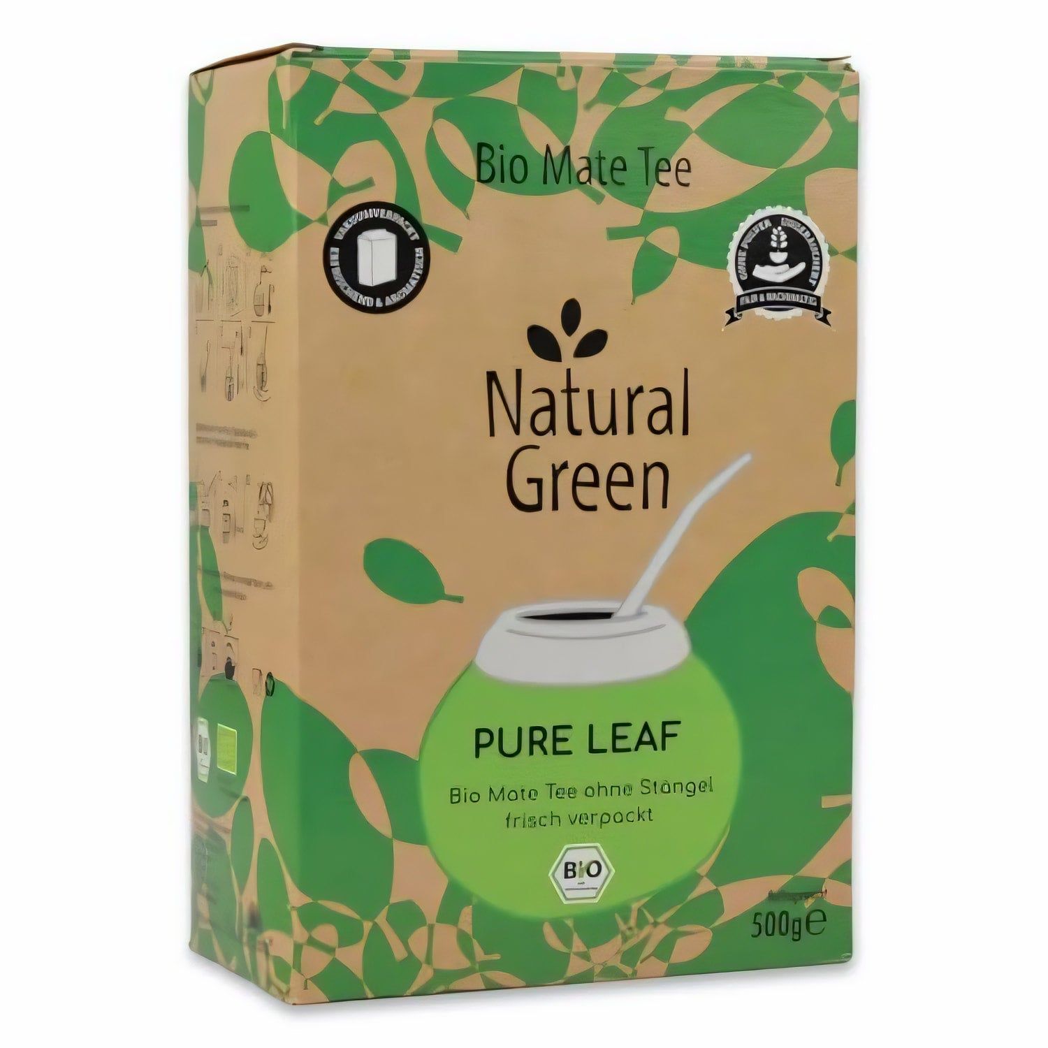 Bio Mate Tee Packung von Natural Green, 500g. Enthält Pure Leaf Mate Tee ohne Stängel.