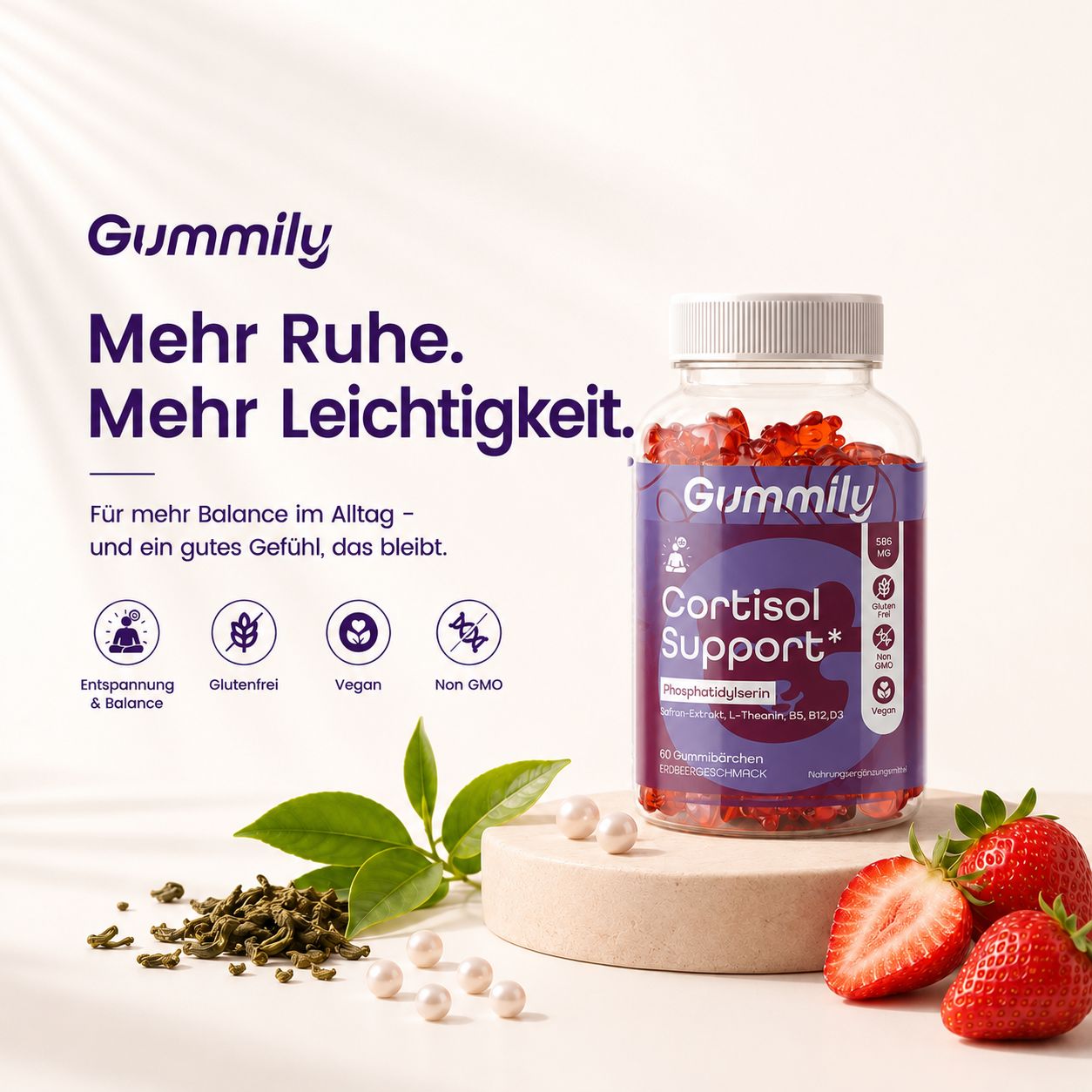 Gummily Cortisol Support Flasche mit Gummibärchen, umgeben von grünen Blättern und Erdbeeren.