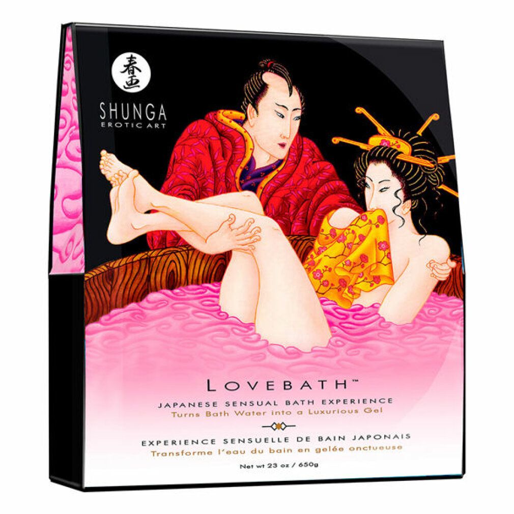 Verpackung mit japanischer Kunst: Mann und Frau in Badewanne, "LOVEBATH" Schriftzug.