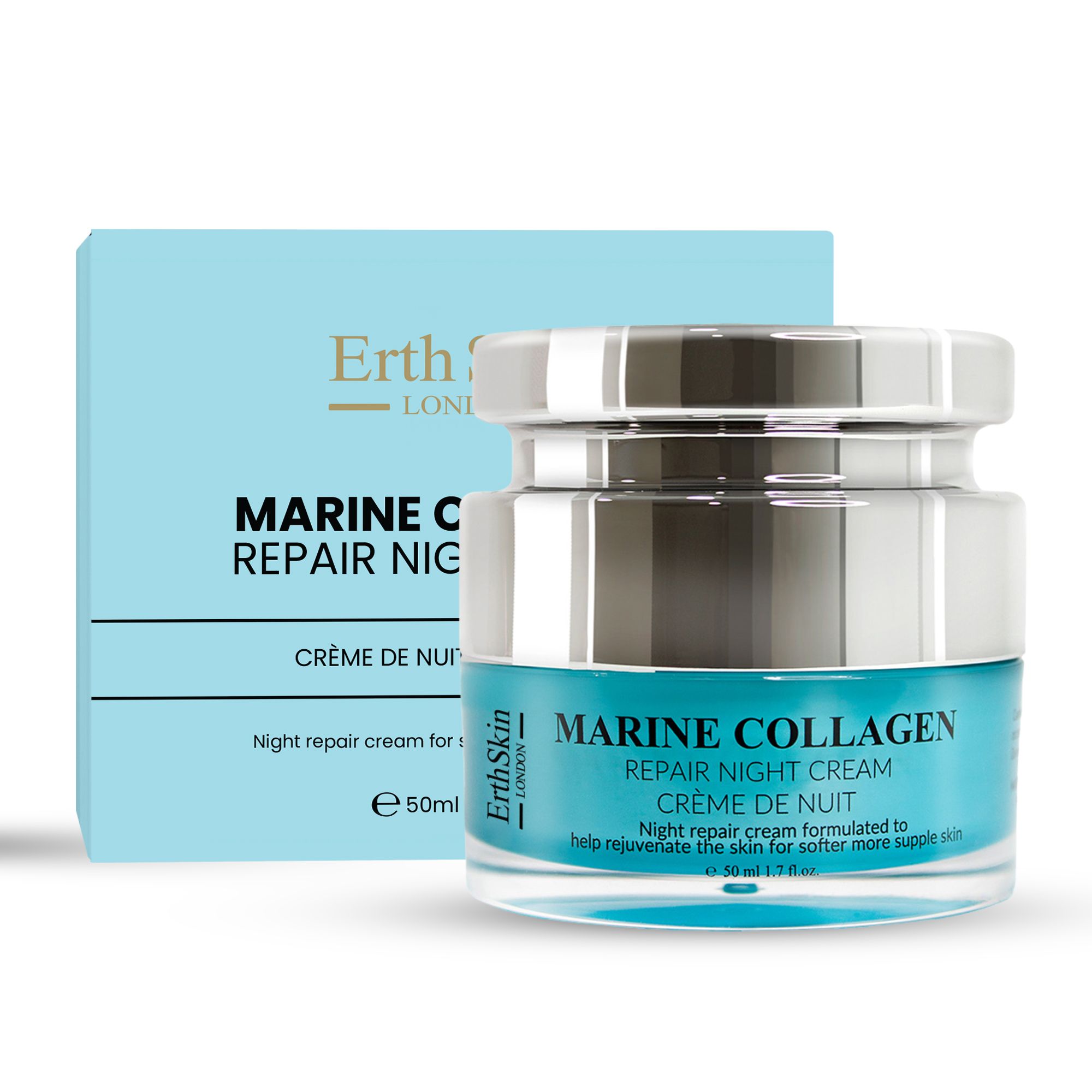 Tiegel Marine Collagen Nachtcreme mit Schachtel. Blaues Glas, silberner Deckel. Text: Marine Collagen, Repair Night Cream, Crème de Nuit. Schachtel mit Text.