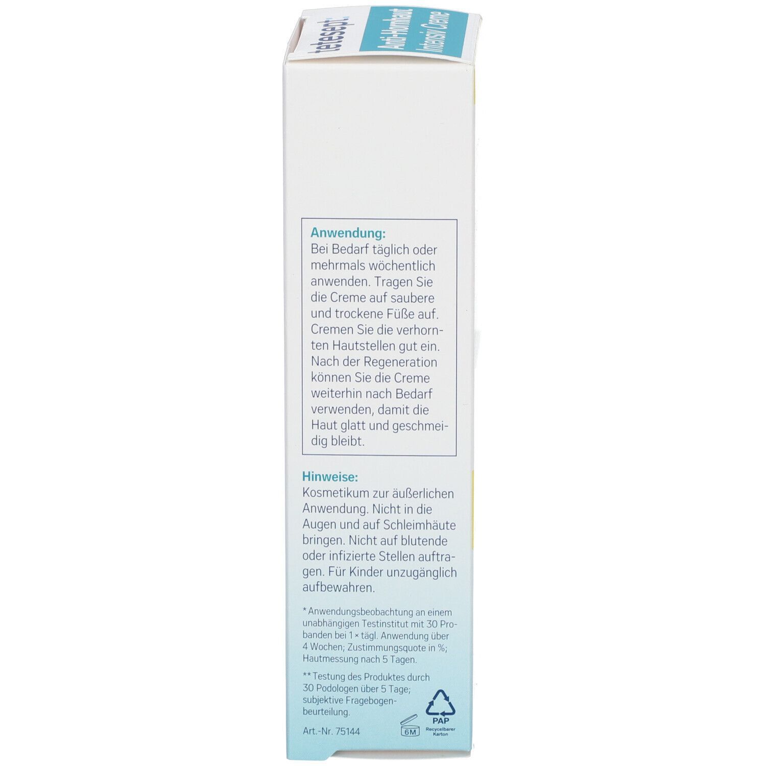 Seite der Verpackung tetesept® Anti-Hornhaut Intensiv Creme. Text über Anwendung.