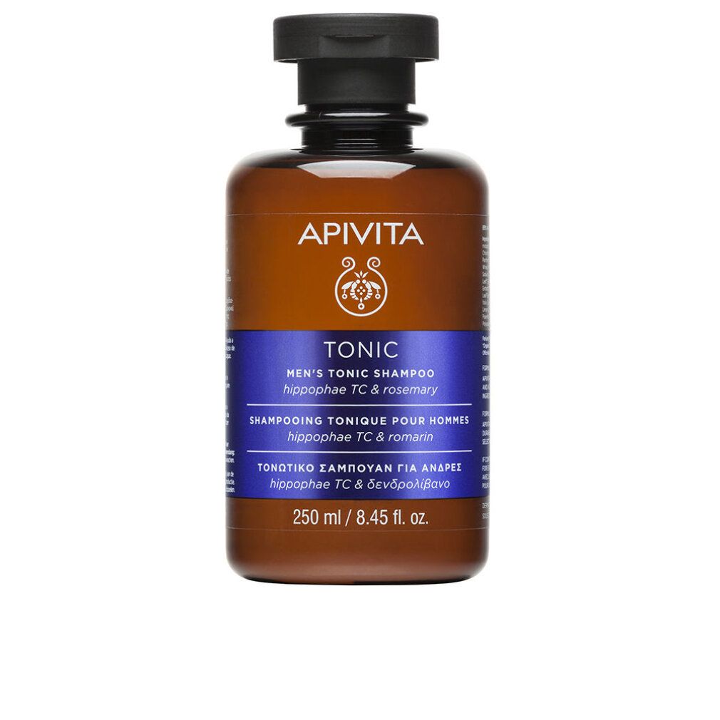 Braune Flasche mit schwarzem Deckel. Text: APIVITA, Tonic, Men's Tonic Shampoo. Blaue Etikett.