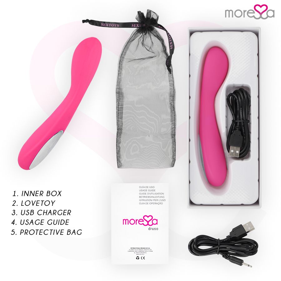 Produkt, Schutzbeutel, USB-Ladegerät, Gebrauchsanweisung und Innenbox. Marke: Moressa.