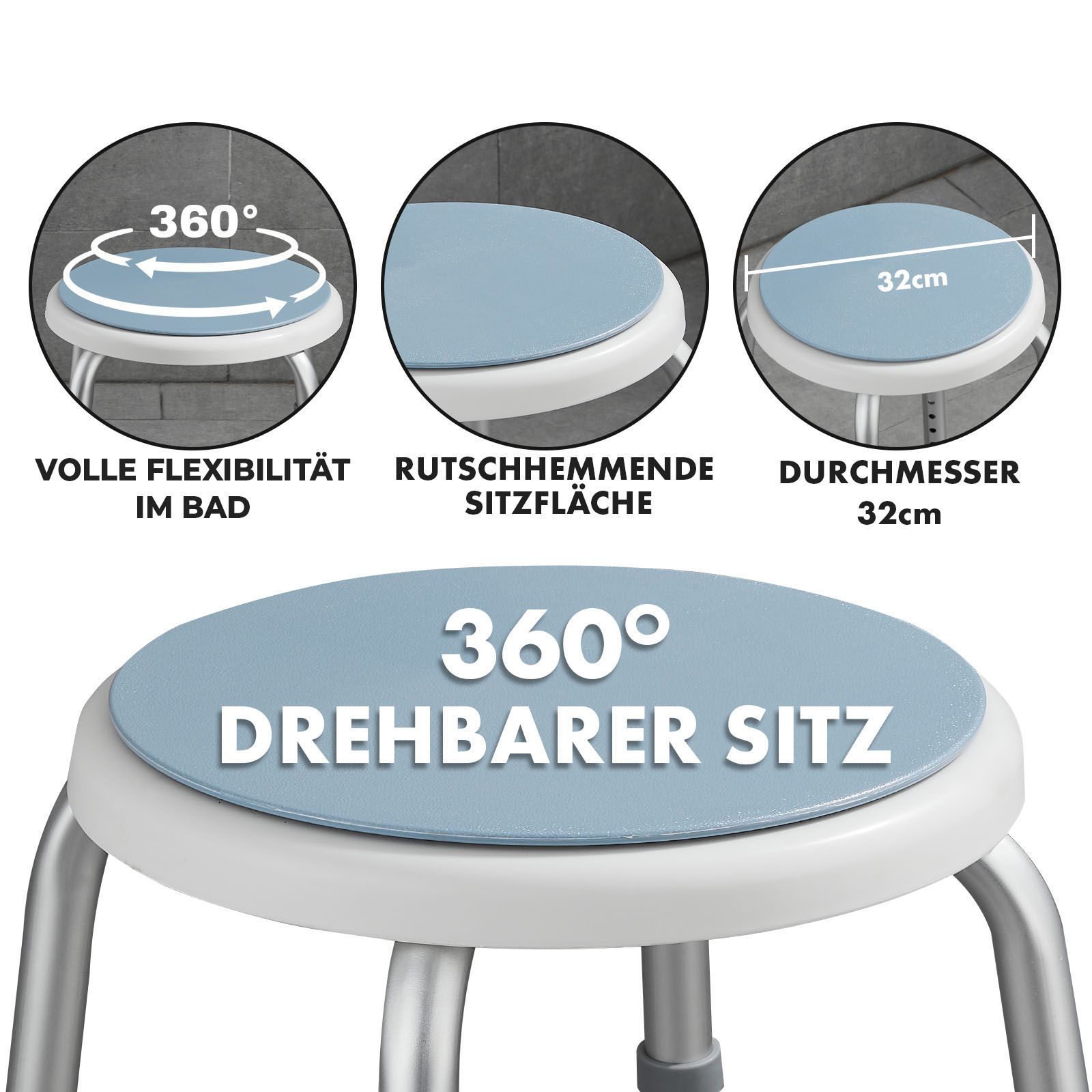 Nahaufnahme des Duschhockers mit drehbarem blauem Sitz. Text: 360° drehbarer Sitz, volle Flexibilität im Bad, rutschhemmende Sitzfläche, Durchmesser 32cm.