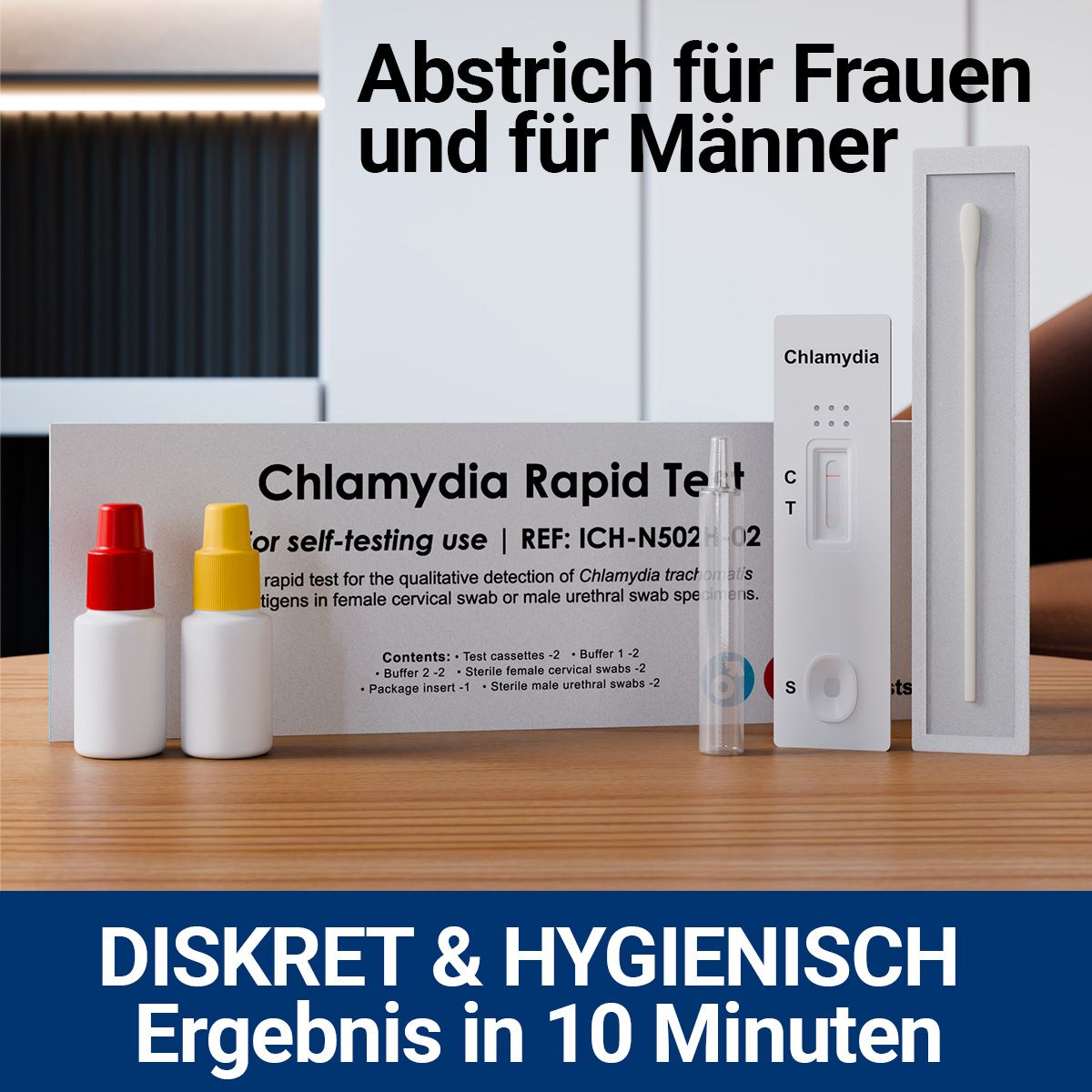 Verpackung mit Chlamydien-Schnelltest, zwei Fläschchen, Testkassette und Abstrichtupfer. Für Frauen und Männer. Ergebnis in 10 Minuten.