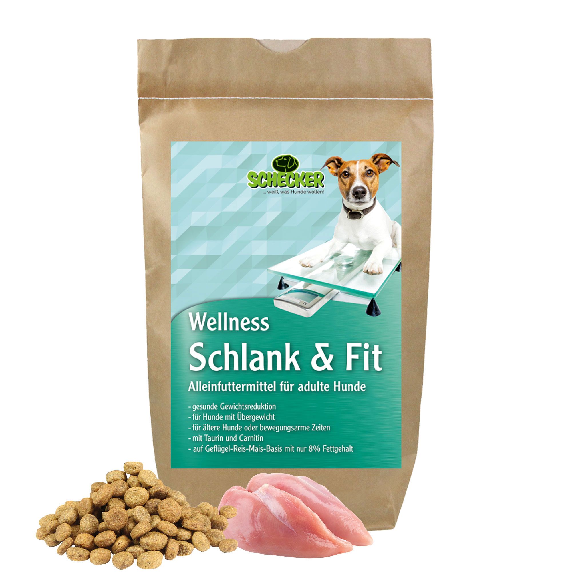 Trockenfutter-Beutel mit Produktnamen und Hund. Daneben Futterbrocken und Hähnchenbrust. Aufschrift: Wellness Schlank & Fit.