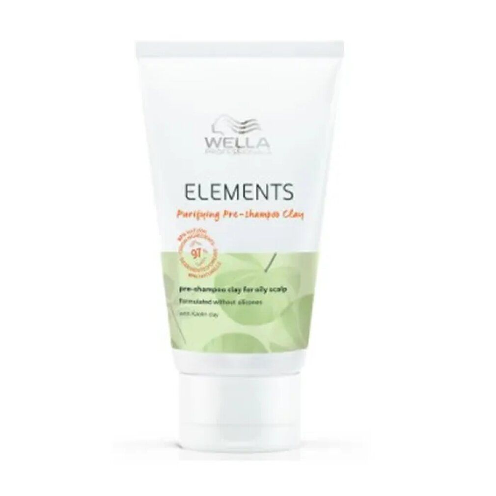 Weiße Tube Wella Elements. Text: Purifying Pre-shampoo Clay, 91% Inhaltsstoffe natürlichen Ursprungs. Ohne Silikone.