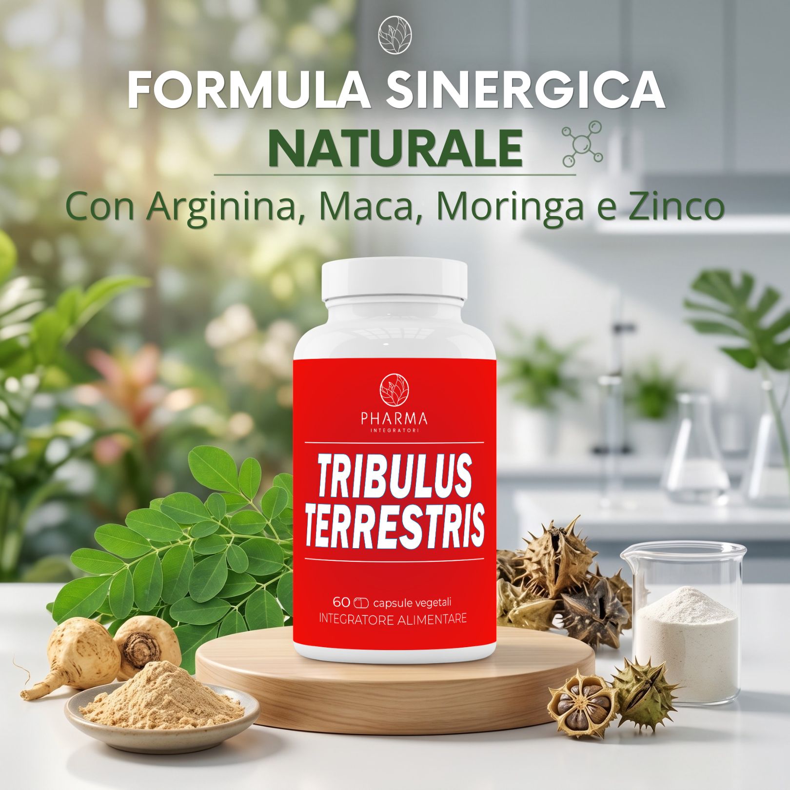 Tribulus Terrestris Kapselbehälter mit Zutaten wie Maca und Moringa. Natürliche Synergieformel.